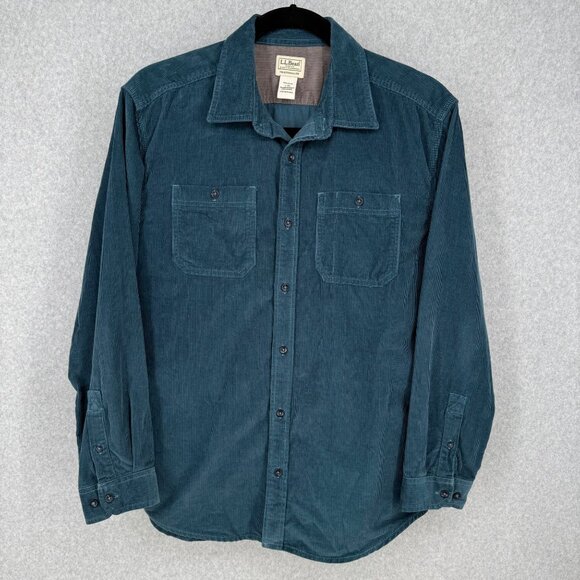 LL Bean Mens Corduroy Long Sleeve Button Up Shirt Size L Dusty Blue Classic - Picture 1 of 13